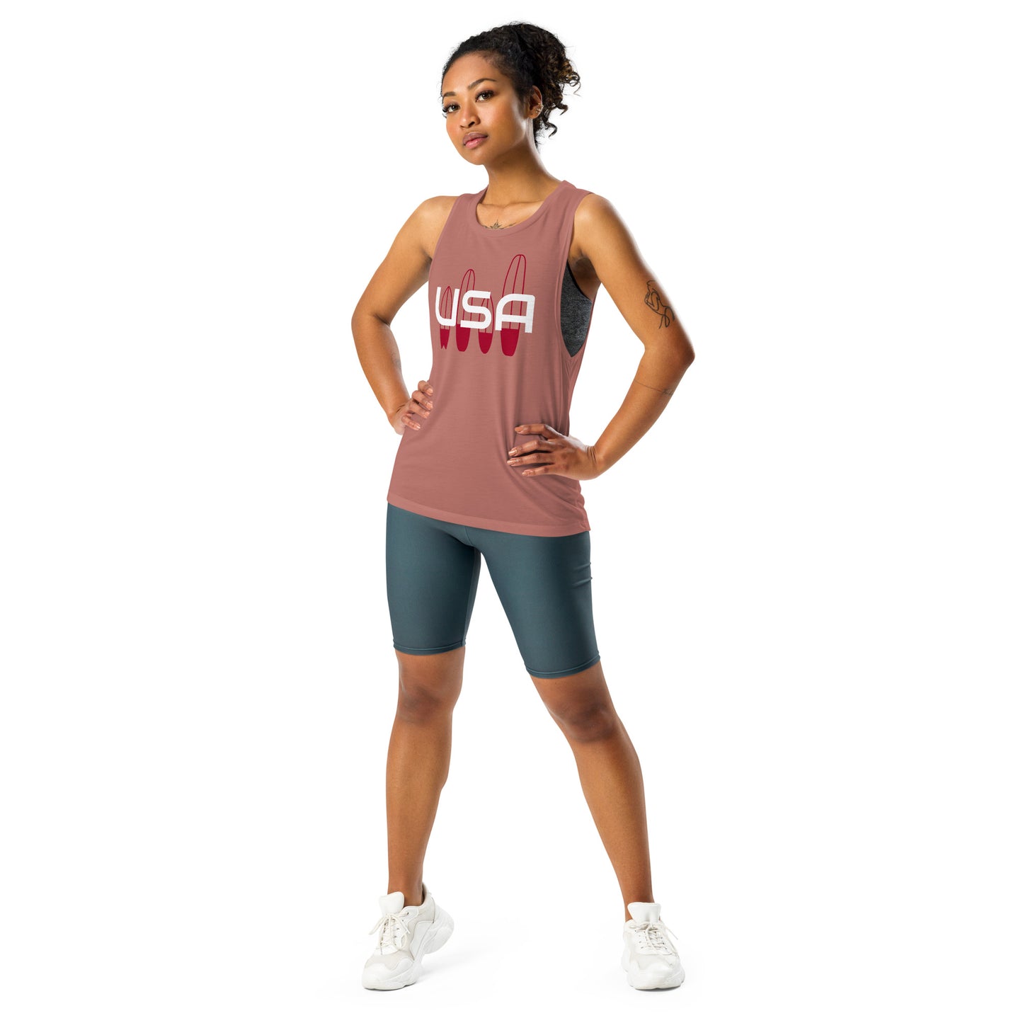 USA Surfing Ladies’ Muscle TankTankUSA Surfing Ladies’ Muscle TankThis comfortable muscle tank is soft and flowy with low cut armholes for a relaxed look. • 65% polyester, 35% viscose • Athletic Heather is 52% polyester, 48% viscose • Black Heather is 80%