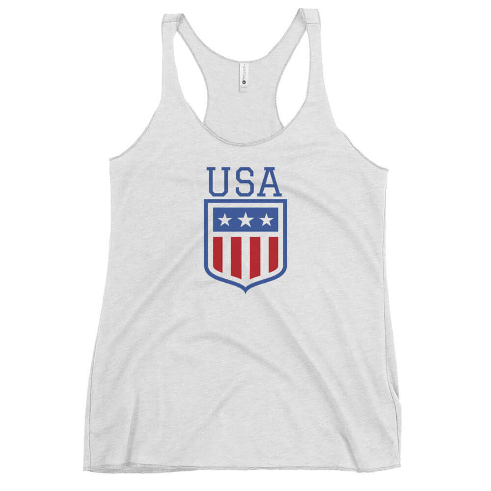 Retro USA Ladies' Racerback TankTankRetro USA Ladies' Racerback TankThis racerback tank is soft, lightweight, and form-fitting with a flattering cut and raw edge seams for an edgy touch. • 50% polyester, 25% combed ring-spun cotton, 25% rayon • Fabric wei
