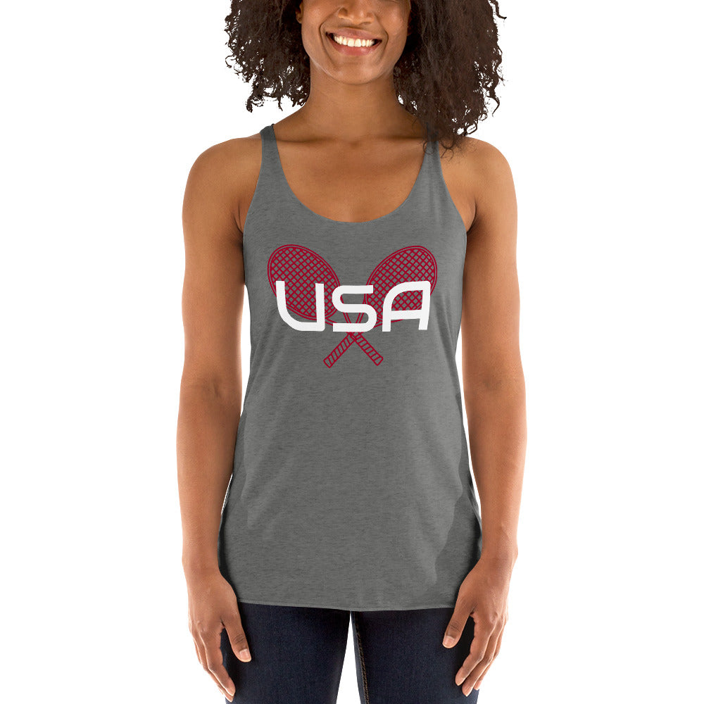 USA Tennis Ladies' Racerback TankTankUSA Tennis Ladies' Racerback TankThis racerback tank is soft, lightweight, and form-fitting with a flattering cut and raw edge seams for an edgy touch. • 50% polyester, 25% combed ring-spun cotton, 25% rayon • Fabric w