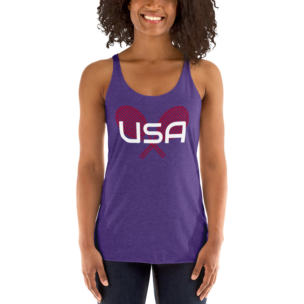 USA Tennis Ladies' Racerback TankTankUSA Tennis Ladies' Racerback TankThis racerback tank is soft, lightweight, and form-fitting with a flattering cut and raw edge seams for an edgy touch. • 50% polyester, 25% combed ring-spun cotton, 25% rayon • Fabric w