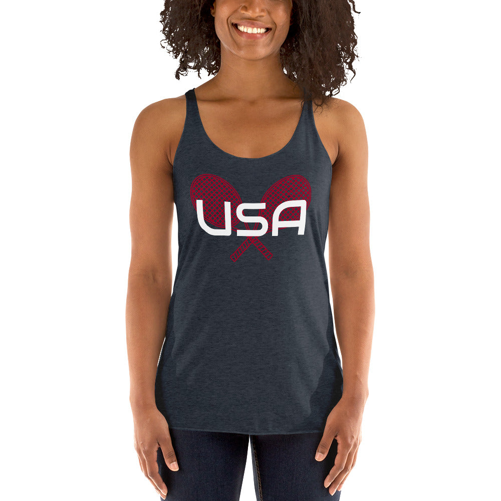 USA Tennis Ladies' Racerback TankTankUSA Tennis Ladies' Racerback TankThis racerback tank is soft, lightweight, and form-fitting with a flattering cut and raw edge seams for an edgy touch. • 50% polyester, 25% combed ring-spun cotton, 25% rayon • Fabric w