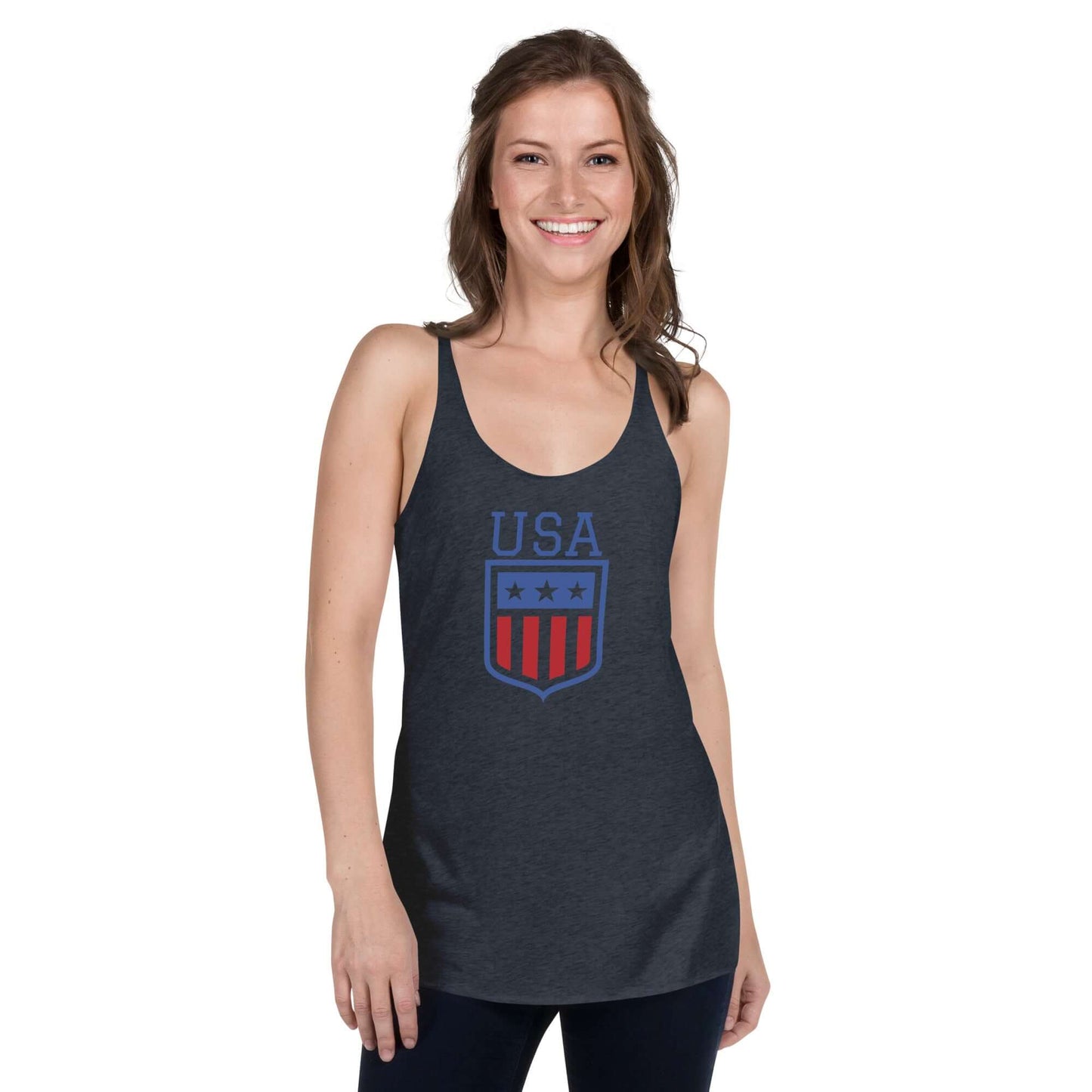 Retro USA Ladies' Racerback TankTankRetro USA Ladies' Racerback TankThis racerback tank is soft, lightweight, and form-fitting with a flattering cut and raw edge seams for an edgy touch. • 50% polyester, 25% combed ring-spun cotton, 25% rayon • Fabric wei