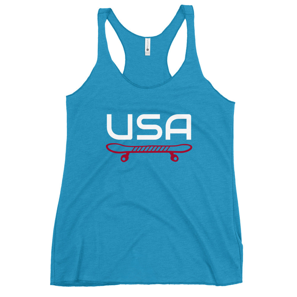 USA Skateboarding Ladies' Racerback TankTankUSA Skateboarding Ladies' Racerback TankThis racerback tank is soft, lightweight, and form-fitting with a flattering cut and raw edge seams for an edgy touch. • 50% polyester, 25% combed ring-spun cotton, 25% ra