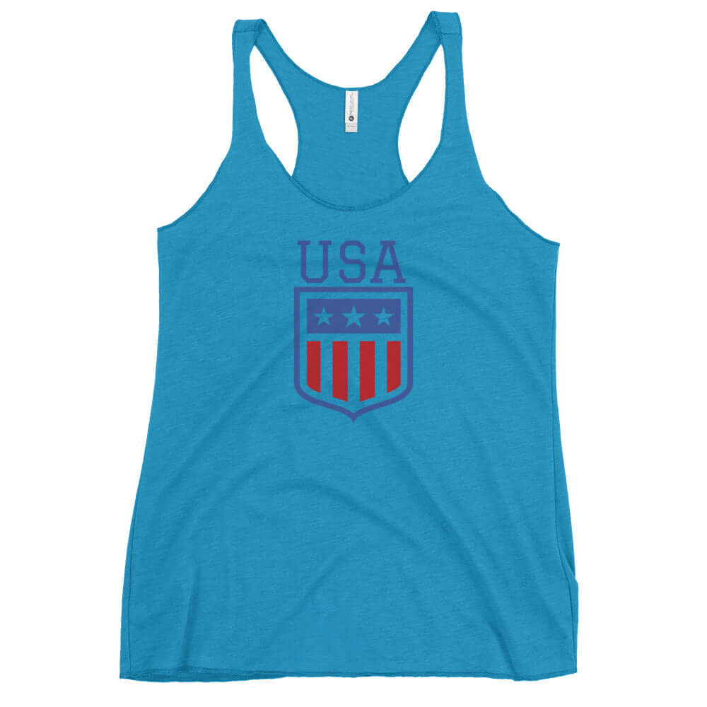Retro USA Ladies' Racerback TankTankRetro USA Ladies' Racerback TankThis racerback tank is soft, lightweight, and form-fitting with a flattering cut and raw edge seams for an edgy touch. • 50% polyester, 25% combed ring-spun cotton, 25% rayon • Fabric wei
