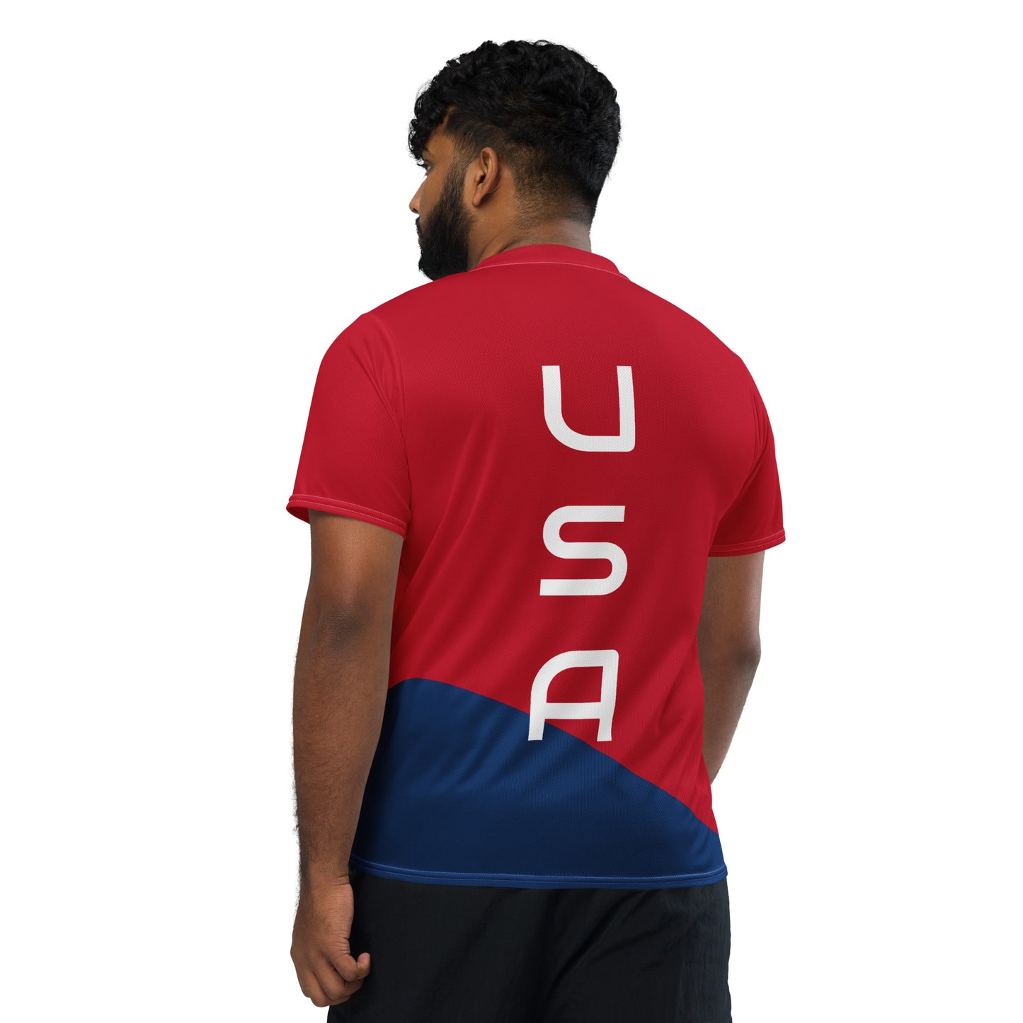 USA Custom JerseyT-ShirtUSA Custom JerseyLooking for the perfect sports jersey? We have you covered—made of 100% recycled polyester fabric, this shirt is breathable, moisture-wicking, and has a double-layered v-neck collar that creates a premium look.• 10