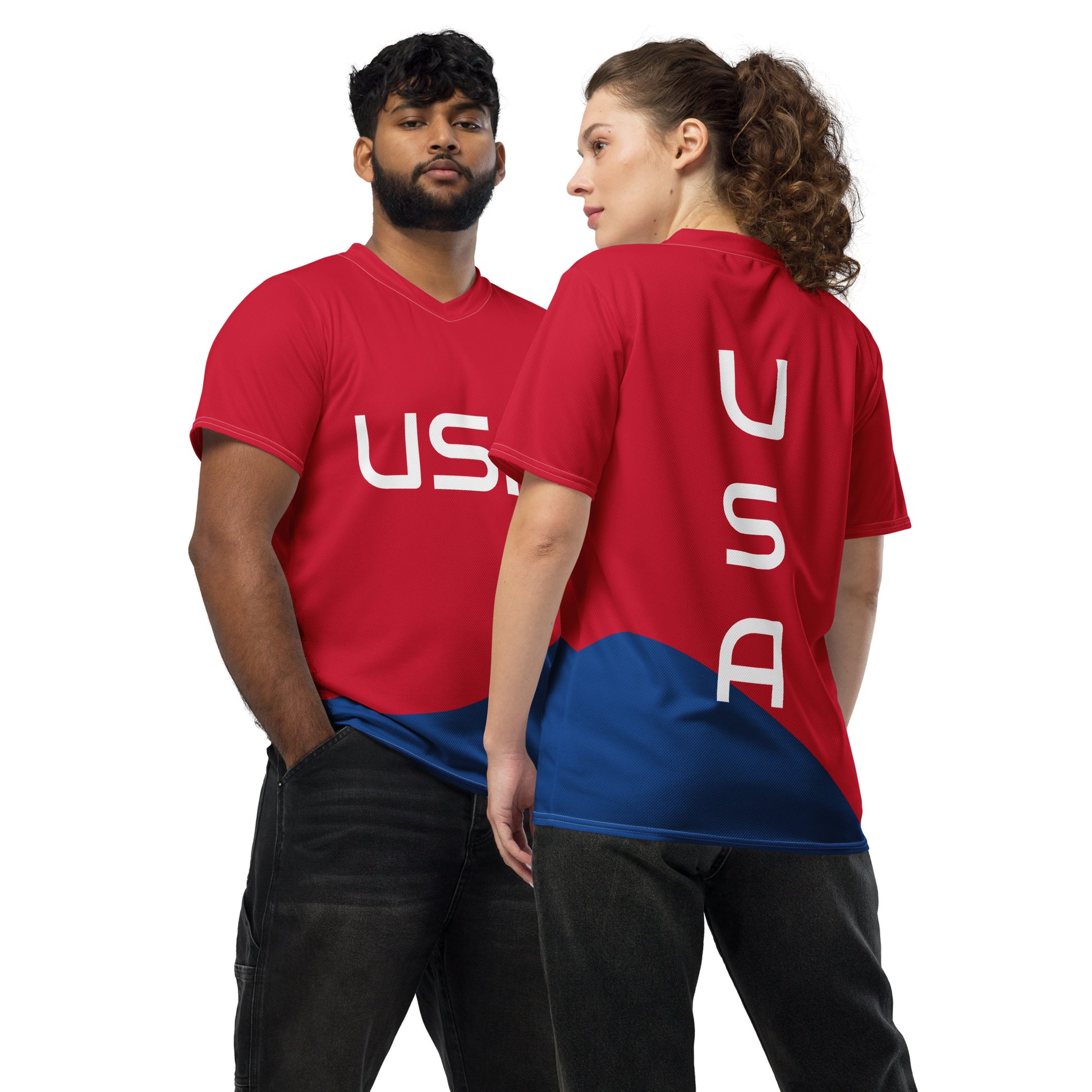 USA Custom JerseyT-ShirtUSA Custom JerseyLooking for the perfect sports jersey? We have you covered—made of 100% recycled polyester fabric, this shirt is breathable, moisture-wicking, and has a double-layered v-neck collar that creates a premium look.• 10