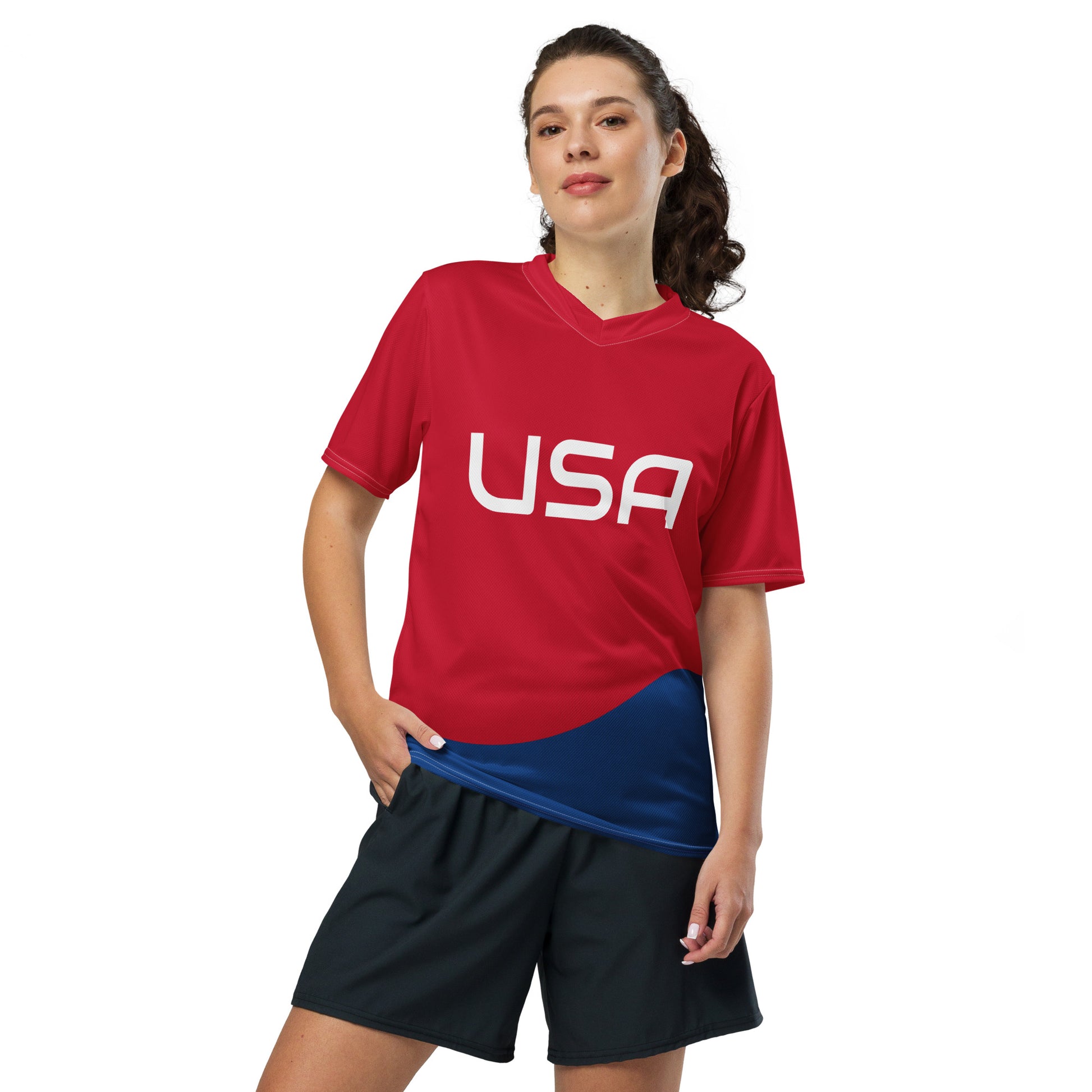 USA Custom JerseyT-ShirtUSA Custom JerseyLooking for the perfect sports jersey? We have you covered—made of 100% recycled polyester fabric, this shirt is breathable, moisture-wicking, and has a double-layered v-neck collar that creates a premium look.• 10