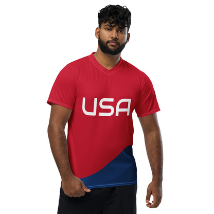 USA Custom JerseyT-ShirtUSA Custom JerseyLooking for the perfect sports jersey? We have you covered—made of 100% recycled polyester fabric, this shirt is breathable, moisture-wicking, and has a double-layered v-neck collar that creates a premium look.• 10