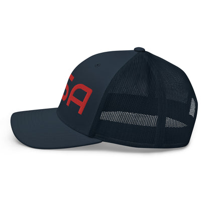 USA Trucker CapHatUSA Trucker CapThis six-panel trucker cap with a mesh back will be a comfy and classic choice for a perfect day in the sun. • 60% cotton, 40% polyester • Mid-profile cap with a low-profile embroidery area • Structured, six-panel cap • 3.