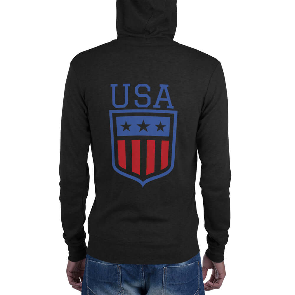 Retro USA Unisex HoodieSweatshirt/HoodieRetro USA Unisex HoodieFor when you get chilly on a summer evening by the lake, or simply need something comfy to throw on, this lightweight unisex zip hoodie with a modern fit, hood, front zip, and a kangaroo pocke