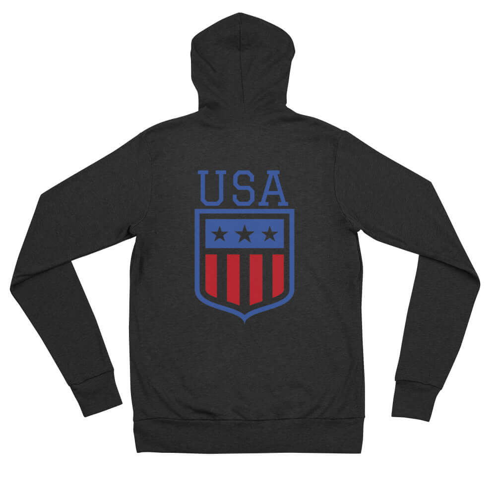 Retro USA Unisex HoodieSweatshirt/HoodieRetro USA Unisex HoodieFor when you get chilly on a summer evening by the lake, or simply need something comfy to throw on, this lightweight unisex zip hoodie with a modern fit, hood, front zip, and a kangaroo pocke