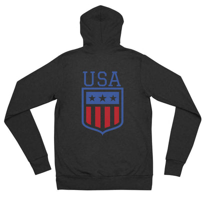 Retro USA Unisex HoodieSweatshirt/HoodieRetro USA Unisex HoodieFor when you get chilly on a summer evening by the lake, or simply need something comfy to throw on, this lightweight unisex zip hoodie with a modern fit, hood, front zip, and a kangaroo pocke