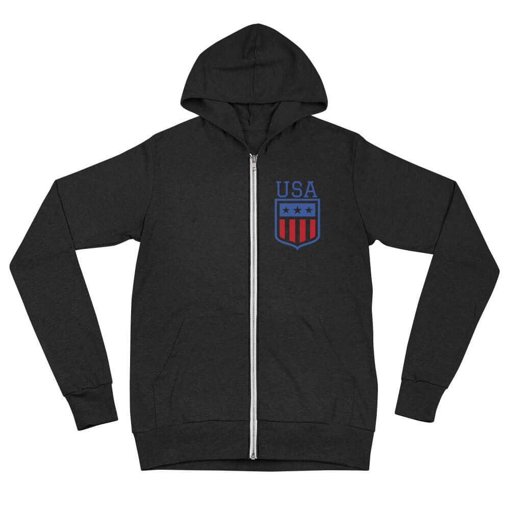 Retro USA Unisex HoodieSweatshirt/HoodieRetro USA Unisex HoodieFor when you get chilly on a summer evening by the lake, or simply need something comfy to throw on, this lightweight unisex zip hoodie with a modern fit, hood, front zip, and a kangaroo pocke