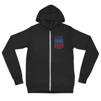 Retro USA Unisex HoodieSweatshirt/HoodieRetro USA Unisex HoodieFor when you get chilly on a summer evening by the lake, or simply need something comfy to throw on, this lightweight unisex zip hoodie with a modern fit, hood, front zip, and a kangaroo pocke