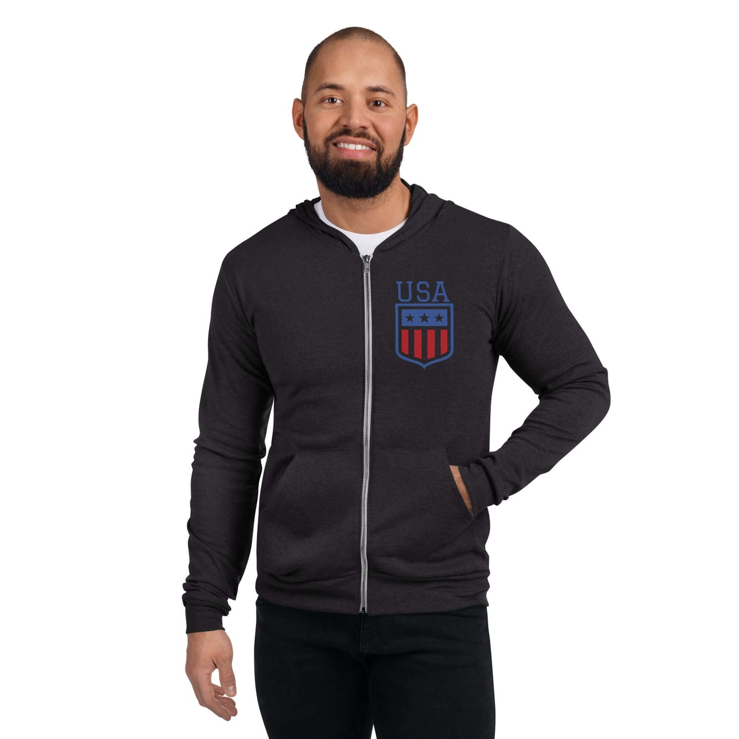 Retro USA Unisex HoodieSweatshirt/HoodieRetro USA Unisex HoodieFor when you get chilly on a summer evening by the lake, or simply need something comfy to throw on, this lightweight unisex zip hoodie with a modern fit, hood, front zip, and a kangaroo pocke