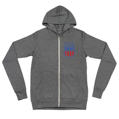 Retro USA Unisex HoodieSweatshirt/HoodieRetro USA Unisex HoodieFor when you get chilly on a summer evening by the lake, or simply need something comfy to throw on, this lightweight unisex zip hoodie with a modern fit, hood, front zip, and a kangaroo pocke