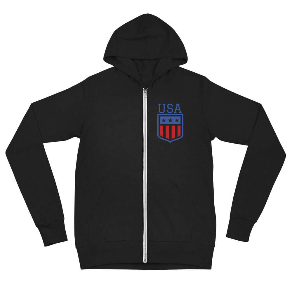 Retro USA Unisex HoodieSweatshirt/HoodieRetro USA Unisex HoodieFor when you get chilly on a summer evening by the lake, or simply need something comfy to throw on, this lightweight unisex zip hoodie with a modern fit, hood, front zip, and a kangaroo pocke