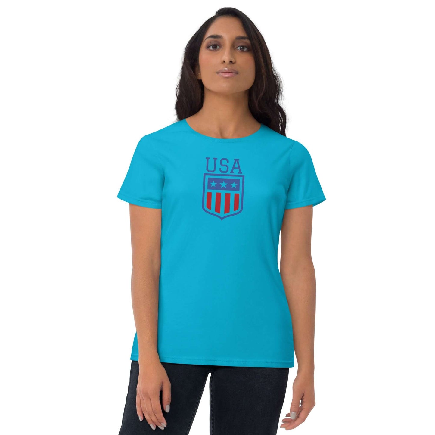 Retro USA Women's Short Sleeve T-shirtT-ShirtRetro USA Women's Short Sleeve T-shirtYour typical 100% cotton t-shirt (except for Heather Grey, Dark Heather Grey, Heather Green, and Heather Blue colors that contain polyester). Pre-shrunk to make sure your s