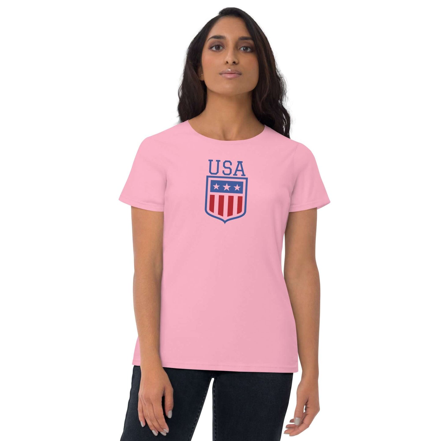 Retro USA Women's Short Sleeve T-shirtT-ShirtRetro USA Women's Short Sleeve T-shirtYour typical 100% cotton t-shirt (except for Heather Grey, Dark Heather Grey, Heather Green, and Heather Blue colors that contain polyester). Pre-shrunk to make sure your s