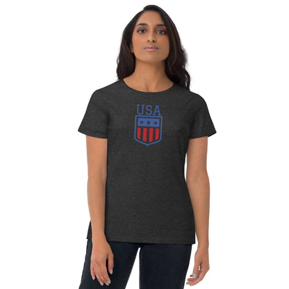 Retro USA Women's Short Sleeve T-shirtT-ShirtRetro USA Women's Short Sleeve T-shirtYour typical 100% cotton t-shirt (except for Heather Grey, Dark Heather Grey, Heather Green, and Heather Blue colors that contain polyester). Pre-shrunk to make sure your s