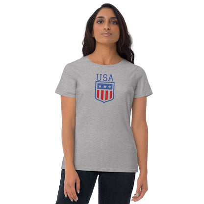 Retro USA Women's Short Sleeve T-shirtT-ShirtRetro USA Women's Short Sleeve T-shirtYour typical 100% cotton t-shirt (except for Heather Grey, Dark Heather Grey, Heather Green, and Heather Blue colors that contain polyester). Pre-shrunk to make sure your s