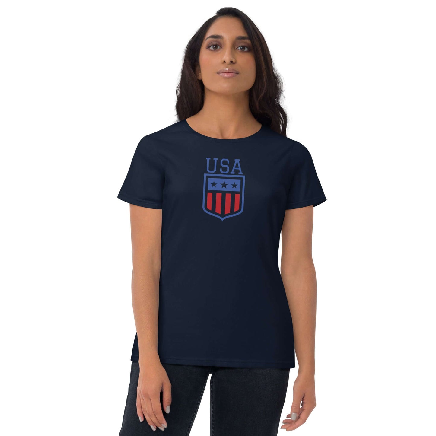 Retro USA Women's Short Sleeve T-shirtT-ShirtRetro USA Women's Short Sleeve T-shirtYour typical 100% cotton t-shirt (except for Heather Grey, Dark Heather Grey, Heather Green, and Heather Blue colors that contain polyester). Pre-shrunk to make sure your s