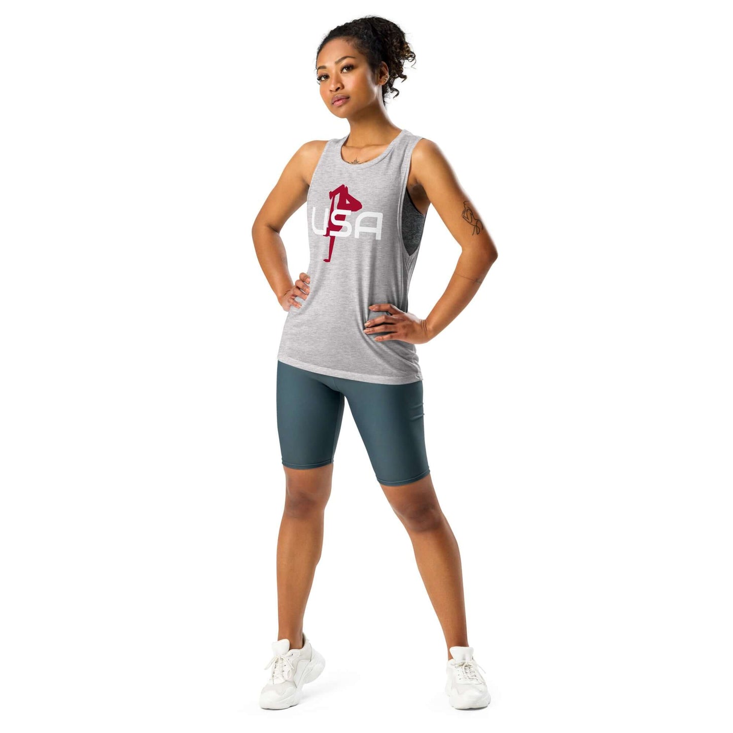 USA Breaking Ladies’ Muscle TankTankUSA Breaking Ladies’ Muscle TankThis comfortable muscle tank is soft and flowy with low cut armholes for a relaxed look. • 65% polyester, 35% viscose • Athletic Heather is 52% polyester, 48% viscose • Black Heather is 8