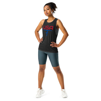 USA Gymnastics Ladies’ Muscle TankTankUSA Gymnastics Ladies’ Muscle TankThis comfortable muscle tank is soft and flowy with low cut armholes for a relaxed look. • 65% polyester, 35% viscose • Athletic Heather is 52% polyester, 48% viscose • Black Heather