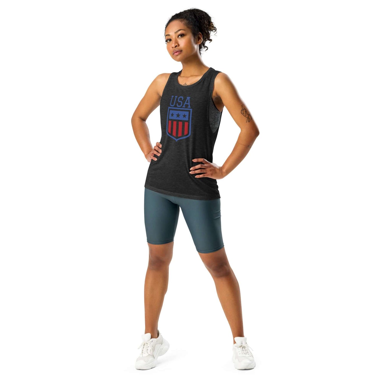 Retro USA Ladies’ Muscle TankTankRetro USA Ladies’ Muscle TankThis comfortable muscle tank is soft and flowy with low cut armholes for a relaxed look. • 65% polyester, 35% viscose • Athletic Heather is 52% polyester, 48% viscose • Black Heather is 80% ray