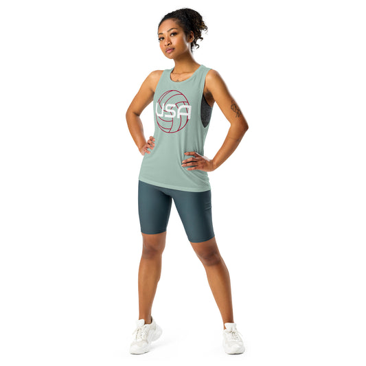 USA Volleyball Ladies’ Muscle TankTankUSA Volleyball Ladies’ Muscle TankThis comfortable muscle tank is soft and flowy with low cut armholes for a relaxed look. • 65% polyester, 35% viscose • Athletic Heather is 52% polyester, 48% viscose • Black Heather