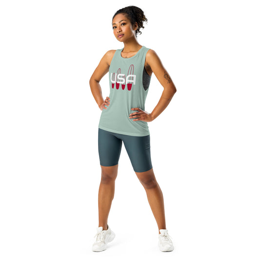 USA Surfing Ladies’ Muscle TankTankUSA Surfing Ladies’ Muscle TankThis comfortable muscle tank is soft and flowy with low cut armholes for a relaxed look. • 65% polyester, 35% viscose • Athletic Heather is 52% polyester, 48% viscose • Black Heather is 80%