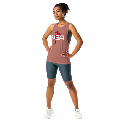 USA Breaking Ladies’ Muscle TankTankUSA Breaking Ladies’ Muscle TankThis comfortable muscle tank is soft and flowy with low cut armholes for a relaxed look. • 65% polyester, 35% viscose • Athletic Heather is 52% polyester, 48% viscose • Black Heather is 8