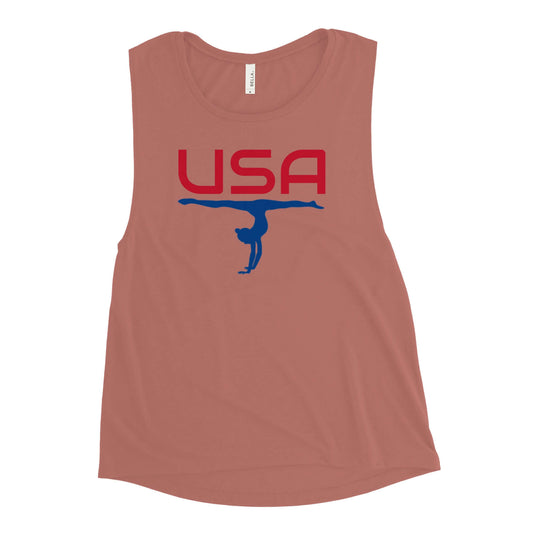 USA Gymnastics Ladies’ Muscle TankTankUSA Gymnastics Ladies’ Muscle TankThis comfortable muscle tank is soft and flowy with low cut armholes for a relaxed look. • 65% polyester, 35% viscose • Athletic Heather is 52% polyester, 48% viscose • Black Heather