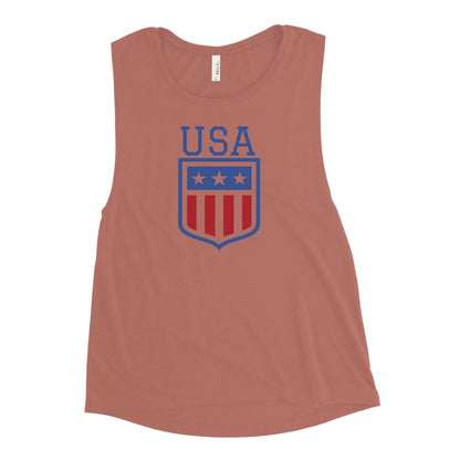 Retro USA Ladies’ Muscle TankTankRetro USA Ladies’ Muscle TankThis comfortable muscle tank is soft and flowy with low cut armholes for a relaxed look. • 65% polyester, 35% viscose • Athletic Heather is 52% polyester, 48% viscose • Black Heather is 80% ray