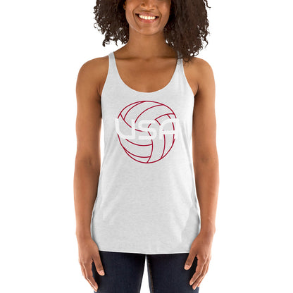 USA Volleyball Ladies' Racerback TankTankUSA Volleyball Ladies' Racerback TankThis racerback tank is soft, lightweight, and form-fitting with a flattering cut and raw edge seams for an edgy touch. • 50% polyester, 25% combed ring-spun cotton, 25% rayon •