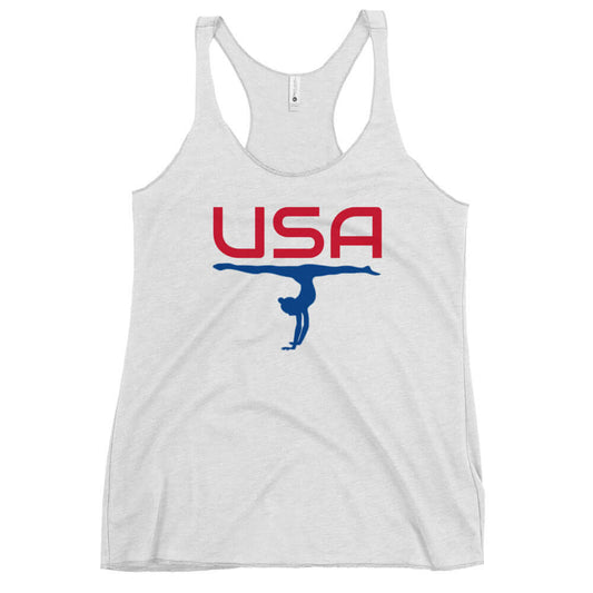 USA Gymnastics Ladies' Racerback TankTankUSA Gymnastics Ladies' Racerback TankThis racerback tank is soft, lightweight, and form-fitting with a flattering cut and raw edge seams for an edgy touch. • 50% polyester, 25% combed ring-spun cotton, 25% rayon •