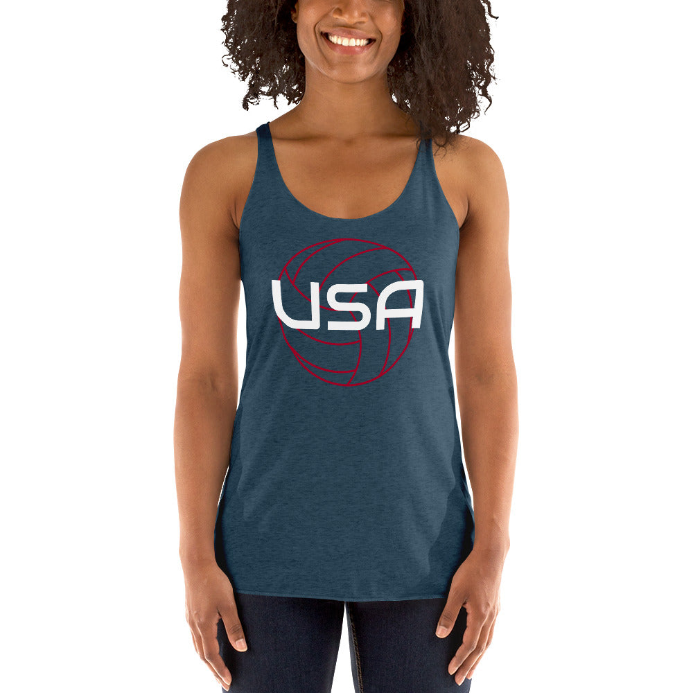 USA Volleyball Ladies' Racerback TankTankUSA Volleyball Ladies' Racerback TankThis racerback tank is soft, lightweight, and form-fitting with a flattering cut and raw edge seams for an edgy touch. • 50% polyester, 25% combed ring-spun cotton, 25% rayon •