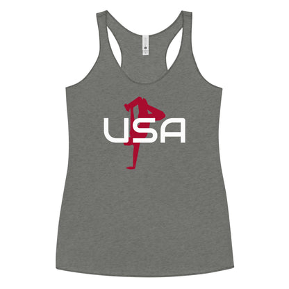 USA Breaking Ladies' Racerback TankTankUSA Breaking Ladies' Racerback TankThis racerback tank is soft, lightweight, and form-fitting with a flattering cut and raw edge seams for an edgy touch. • 50% polyester, 25% combed ring-spun cotton, 25% rayon • Fabr