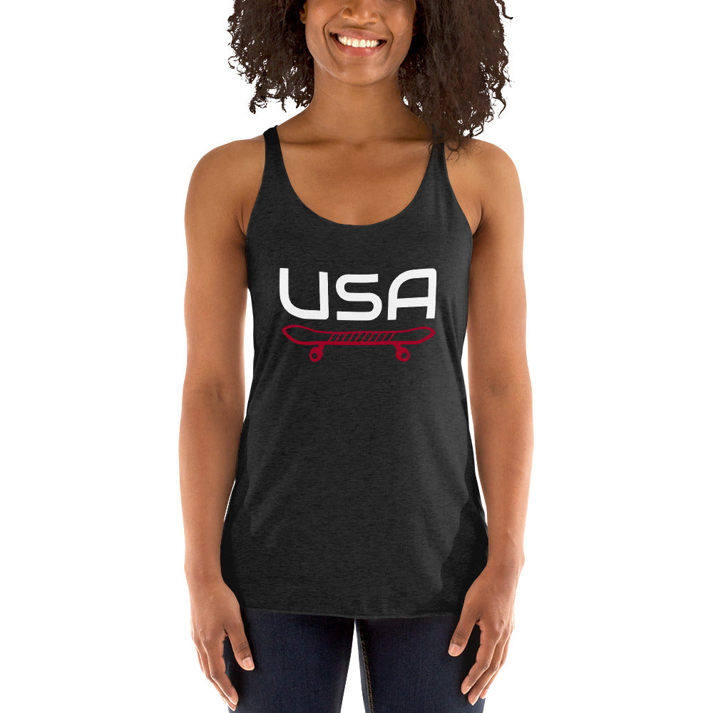 USA Skateboarding Ladies' Racerback TankTankUSA Skateboarding Ladies' Racerback TankThis racerback tank is soft, lightweight, and form-fitting with a flattering cut and raw edge seams for an edgy touch. • 50% polyester, 25% combed ring-spun cotton, 25% ra