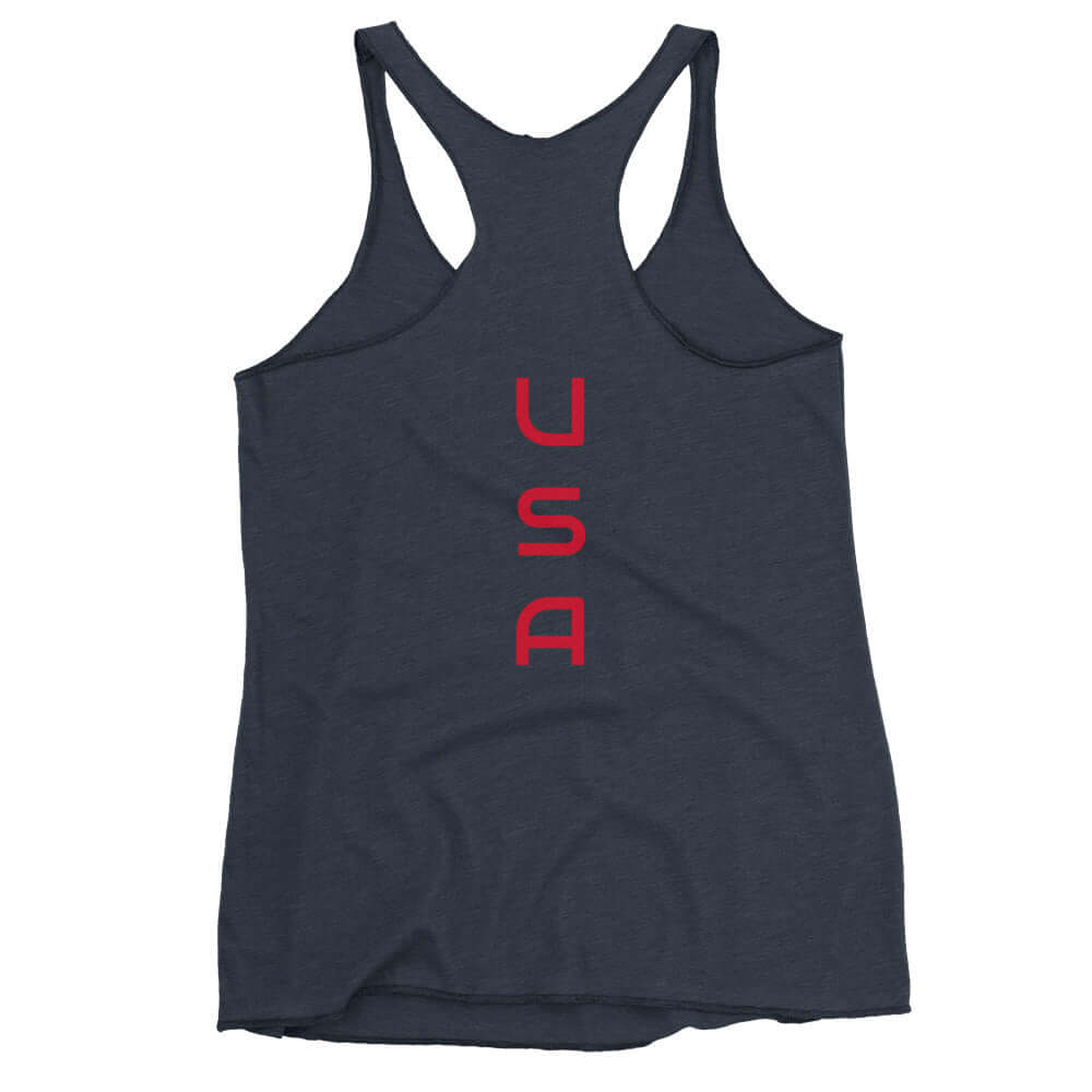 USA Gymnastics Ladies' Racerback TankTankUSA Gymnastics Ladies' Racerback TankThis racerback tank is soft, lightweight, and form-fitting with a flattering cut and raw edge seams for an edgy touch. • 50% polyester, 25% combed ring-spun cotton, 25% rayon •