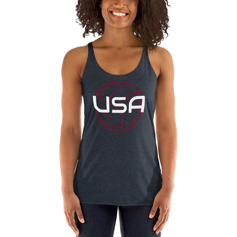 USA Volleyball Ladies' Racerback TankTankUSA Volleyball Ladies' Racerback TankThis racerback tank is soft, lightweight, and form-fitting with a flattering cut and raw edge seams for an edgy touch. • 50% polyester, 25% combed ring-spun cotton, 25% rayon •