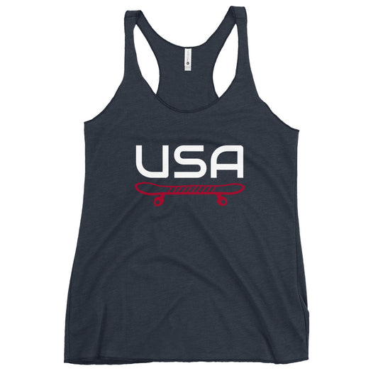 USA Skateboarding Ladies' Racerback TankTankUSA Skateboarding Ladies' Racerback TankThis racerback tank is soft, lightweight, and form-fitting with a flattering cut and raw edge seams for an edgy touch. • 50% polyester, 25% combed ring-spun cotton, 25% ra