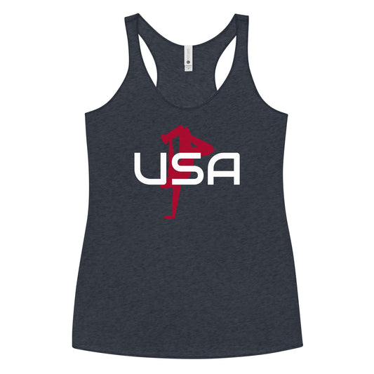 USA Breaking Ladies' Racerback TankTankUSA Breaking Ladies' Racerback TankThis racerback tank is soft, lightweight, and form-fitting with a flattering cut and raw edge seams for an edgy touch. • 50% polyester, 25% combed ring-spun cotton, 25% rayon • Fabr