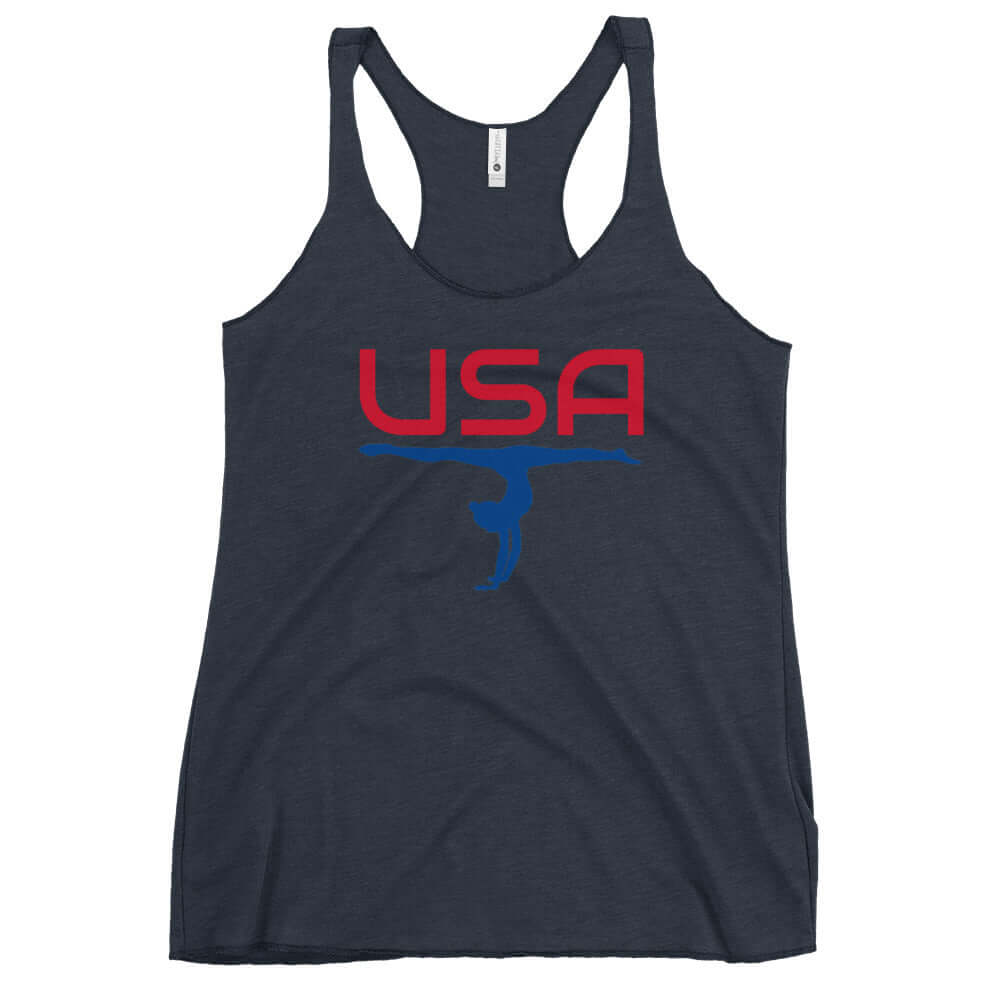 USA Gymnastics Ladies' Racerback TankTankUSA Gymnastics Ladies' Racerback TankThis racerback tank is soft, lightweight, and form-fitting with a flattering cut and raw edge seams for an edgy touch. • 50% polyester, 25% combed ring-spun cotton, 25% rayon •