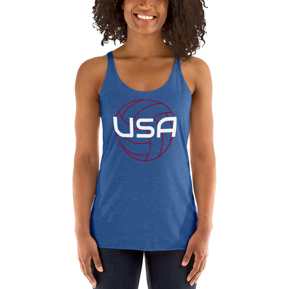 USA Volleyball Ladies' Racerback TankTankUSA Volleyball Ladies' Racerback TankThis racerback tank is soft, lightweight, and form-fitting with a flattering cut and raw edge seams for an edgy touch. • 50% polyester, 25% combed ring-spun cotton, 25% rayon •