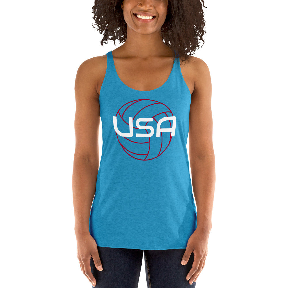 USA Volleyball Ladies' Racerback TankTankUSA Volleyball Ladies' Racerback TankThis racerback tank is soft, lightweight, and form-fitting with a flattering cut and raw edge seams for an edgy touch. • 50% polyester, 25% combed ring-spun cotton, 25% rayon •