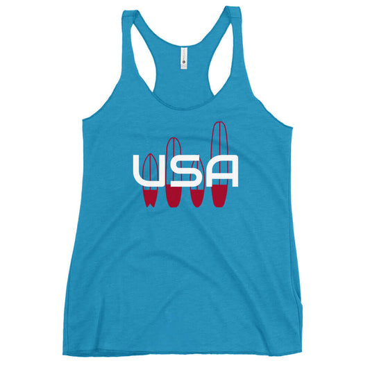 USA Surfing Ladies' Racerback TankTankUSA Surfing Ladies' Racerback TankThis racerback tank is soft, lightweight, and form-fitting with a flattering cut and raw edge seams for an edgy touch. • 50% polyester, 25% combed ring-spun cotton, 25% rayon • Fabric